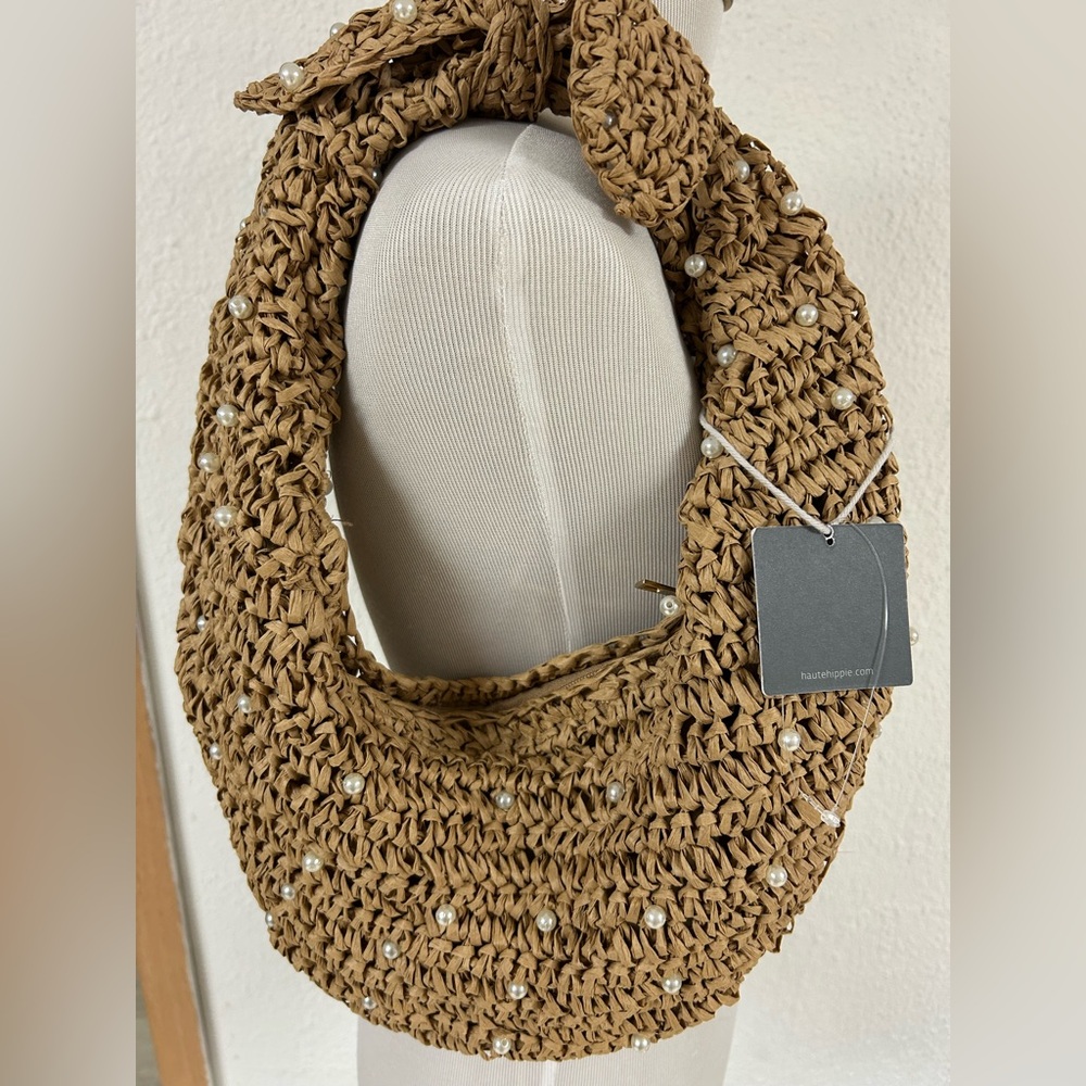 NWT Haute Hippie Straw Pearl-Embellished Woven Shoulder Hobo Bag in Natural Tan - Picture 9 of 12